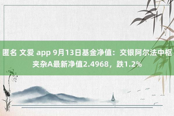 匿名 文爱 app 9月13日基金净值：交银阿尔法中枢夹杂A最新净值2.4968，跌1.2%